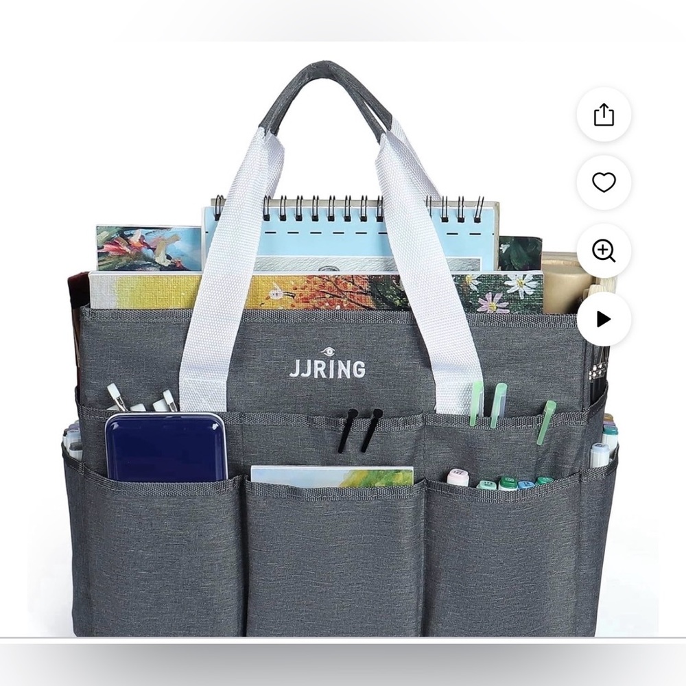 Ring Gray and White Canvas Organizer Tote with Multiple Exterior Pockets